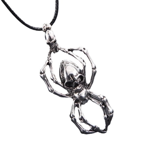 Collier gothique vintage avec pendentif araignée crâne argenté et cordon noir punk