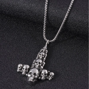 Retro gothic skull cross necklace for men in antique silver finish with box chain