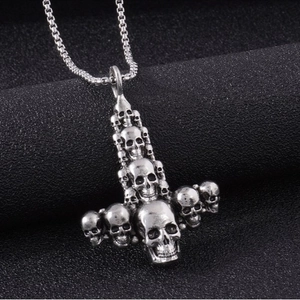 Vintage silver skull cross pendant necklace with box chain for men in gothic style