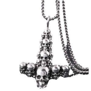 Gothic skull cross pendant necklace in vintage oxidized stainless steel with bead chain