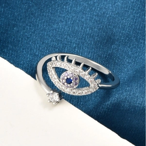 Silver evil eye open ring for women featuring blue crystal and sparkling cubic zirconia
