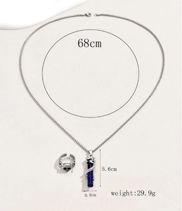 Detailed size chart for retro dragon cylinder pendant necklace and skull ring set for men