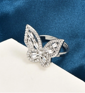 Detail of S925 sterling silver butterfly ring featuring sparkling zircon inlay accents