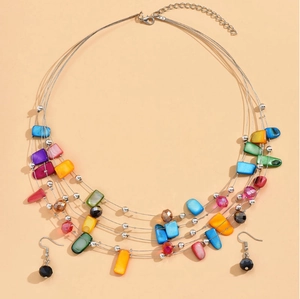 Detail of bohemian layered necklace with colorful crystal beads and matching earrings