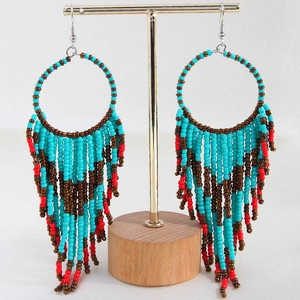 Bohemian Beaded Tassel Earrings For Women Vintage Ethnic Style Geometric Round Iron Alloy Seed Bead Handmade Jewelry