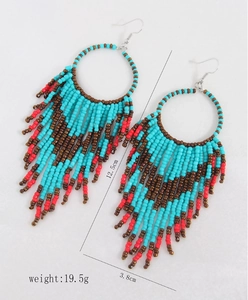 Detail view showing dimensions and weight of Bohemian beaded tassel earrings in three colors