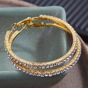 Large Hoop Earrings Gold Plated Alloy With Pave White Rhinestones Simple Geometric Round Jewelry For Women Glamorous