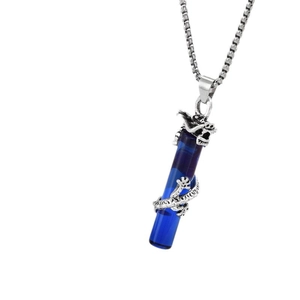 Vintage dragon cylinder pendant necklace with blue resin and steel box chain for men