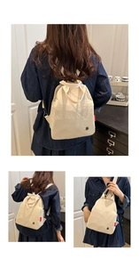 Detailed views showing cream nylon fabric texture and adjustable straps of the backpack