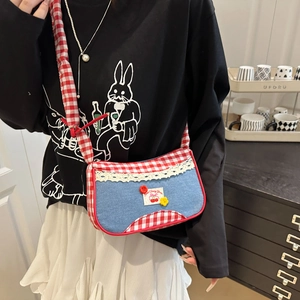 Borsa a tracolla carina a quadretti rossi e denim con pizzo e toppa a ciliegia stile moda
