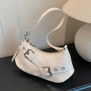 Women Y2K Motorcycle Underarm Shoulder Bag Glossy PU Leather Crescent Hobo Bag With Buckle Straps And Metal Eyelets