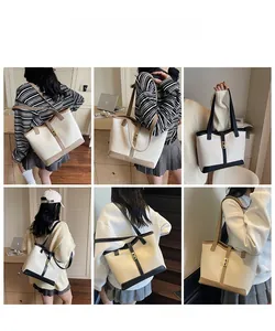 Vues multiples d'un sac cabas contrasté élégant avec fermoir rotatif en métal