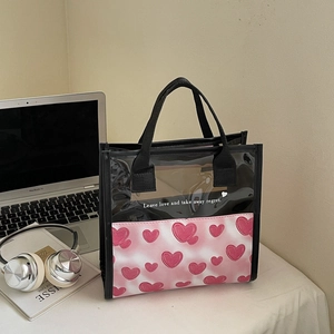 Borsa a Mano da Donna Coreana con Stampa a Cuore in PVC Semitrasparente Borsa Tote Floreale Dolce Impermeabile per Shopping