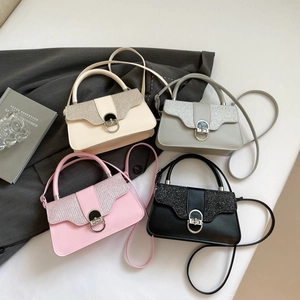 Retro glitter flap handbags in four colors with round metal locks and top handles