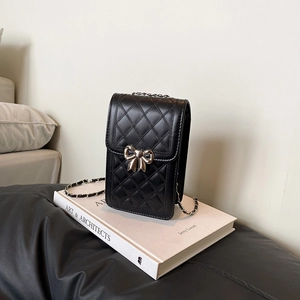 Women's Quilted PU Leather Mini Phone Bag With Metal Bow Decor Chain Strap Crossbody Bag Casual Fashion Handbag Purse