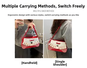 Detail of red bow, heart pendant, and gingham pattern on the sweet shoulder bag