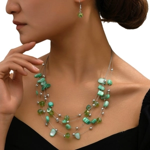 Elegant multi-layered necklace and earring set with turquoise beads and metallic shells