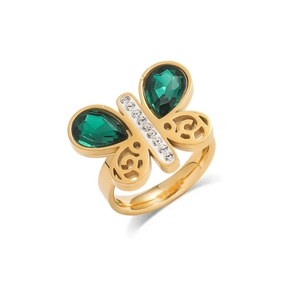 Bague papillon dorée avec pierres vert émeraude et accents de zircone blanche