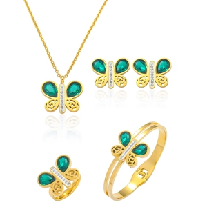 Bijoux Papillon Acier Inoxydable Pierre Vert Émeraude Collier Boucles D Oreilles Bague Bracelet Accessoires Femme