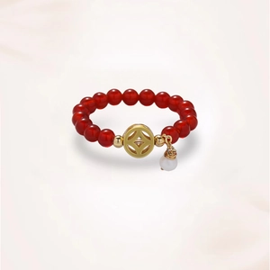 Handmade red agate beaded stretch ring with a gold coin charm and a small pearl bead
