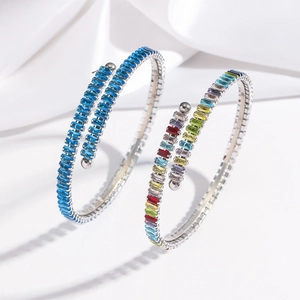 Spiral stainless steel cuff bracelets with colorful rectangular baguette zircons