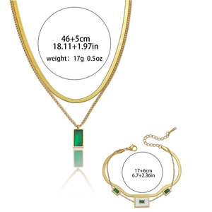 Double-layer gold titanium steel necklace and bracelet set with green zircon and shell