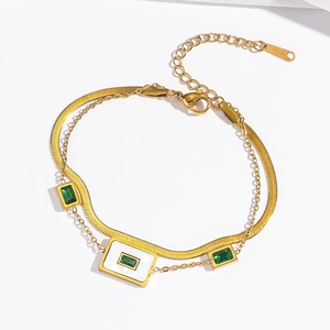 Double-layer gold snake chain bracelet with emerald green zircon and white enamel