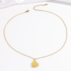 Golden stainless steel heart pendant necklace with Forever engraving and honeycomb texture