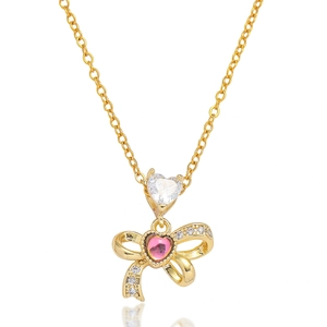 Collier Pendentif Noeud Papillon Avec Zircon Coeur Rose Acier Titane Cuivre Bijoux Mode Élégants Pour Femmes