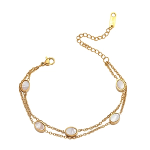 Double Layer Chain Bracelet For Women Stainless Steel Gold Plated Oval White Mother Of Artificial Pearl Shell Minimalist Jewelry