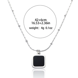 Minimalist silver titanium steel necklace with black square pendant and beaded chain