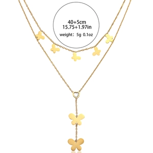 Collier double épaisseur en acier doré avec papillons et pendentif cœur, chaîne ajustable