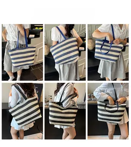 Model lifestyle shots of large woven striped tote bag for daily commute and vacation