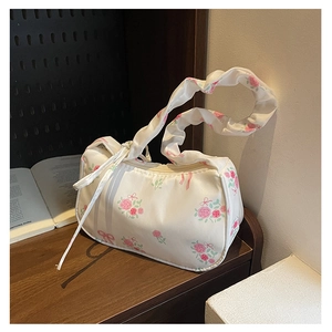 Floral Rose Print Underarm Bag Nylon Ruched Scrunchie Strap Bowknot Sweet Trendy Handbag For Women