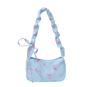 Floral print shoulder bag with pink roses, drawstring ruched strap and blue fabric