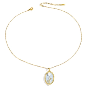 Goldene Edelstahl-Halskette mit ovalem Tulpenanhänger, blauem Inlay und Perlendetail