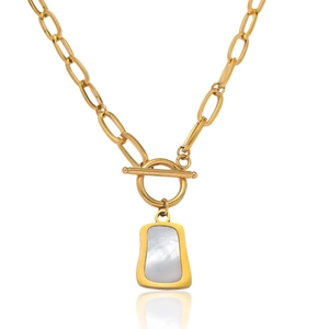Collana dorata in acciaio inossidabile con pendente in madreperla bianca e chiusura a T