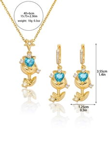 Detail showing tulip design jewelry set with heart blue gems and dimension specs