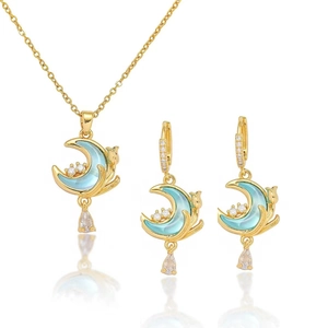 Luxury Stainless Steel Gold Plated Blue Moon Cat Pendant Necklace Zirconia Teardrop Earring Niche Design Romantic Jewelry