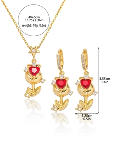 Detail of rose and red heart pendant jewelry set with precise size and weight annotations