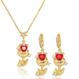 Tulip Flower Heart Pendant Necklace Earrings Stainless Steel Jewelry Elegant For Women Red Zircon Inlaid Romantic Accessory