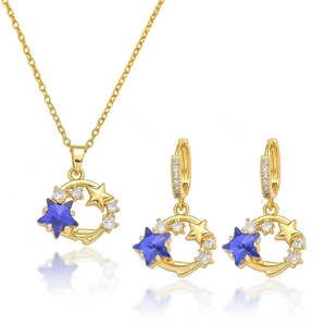 Romantic Star Moon Stainless Steel Jewelry Set Shiny Rhinestone Pendant Necklace Crystal Drop Hoop Earrings Luxury Choker Gift For Women