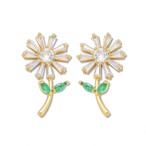 Elegant gold flower earrings with sparkling clear crystals and green leaf accents