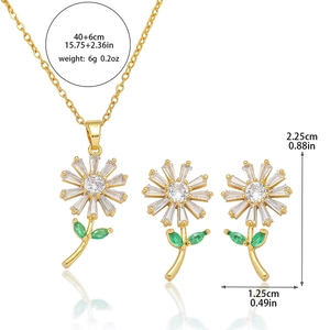 Sunflower jewelry set with sparkling white zircon petals and green leaves on gold chain