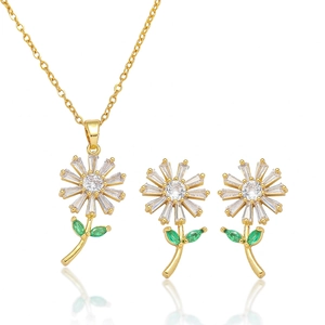 Daisy Flower Jewelry Titanium Steel Necklace Earrings With Earring Post Cubic Zirconia Sunflower Gold Plated For Women
