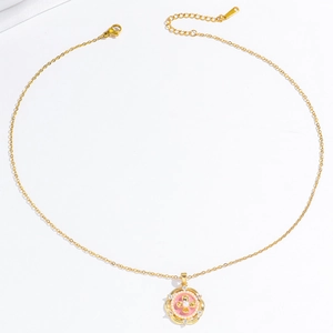 Collier trèfle rose doré avec émail rose et cristaux blancs brillants pour femmes