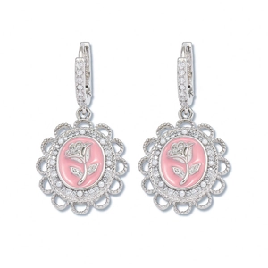 Elegant silver earrings with pink rose enamel and white zircon halo in a vintage style