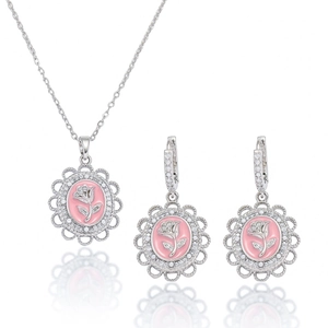 French Style Rose Flower Pendant Necklace And Earrings Stainless Steel Pink Enamel Vintage Zircon Rhinestone For Women
