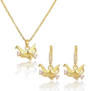 Origami Paper Crane Necklace And Earrings Stainless Steel With Pink Zircon Elegant Jewelry For Women