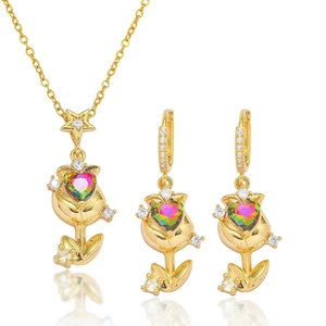 Parure Collier Et Boucles D'oreilles Tulipe Pour Femmes En Acier Inoxydable Zircon Coeur Coloré Strass Doré